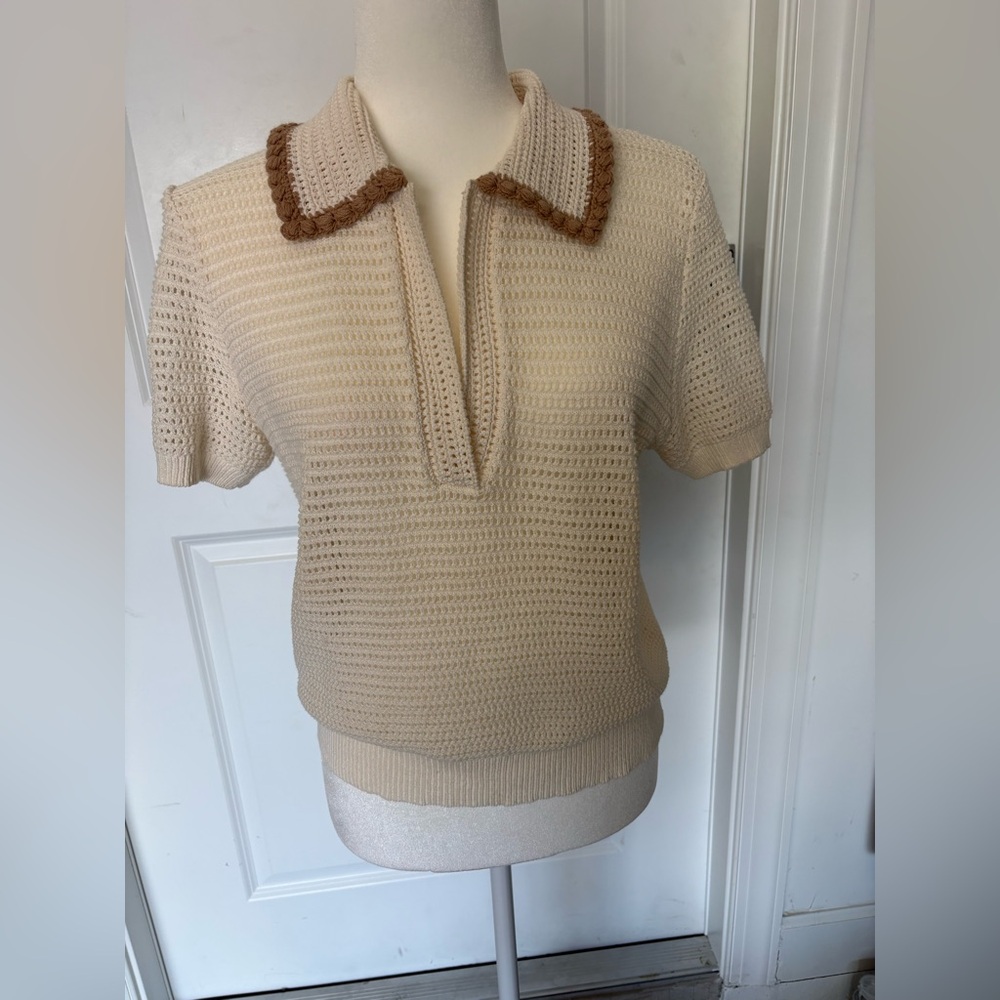 Ann Taylor Cream Knit Top with Brown Accents